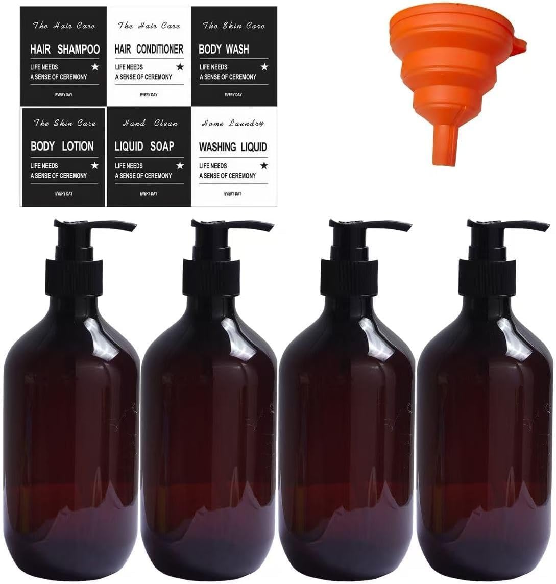 Set di 4 dispenser di sapone con pompa, 500 ml, marrone, dispenser di sapone per mani e piatti, dispenser di sapone in plastica con pompa, per piatti, liquidi, lavello da cucina, bagno, con etichette