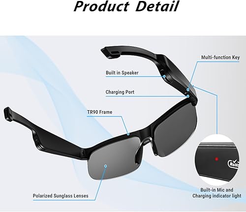 Miniatura 4 de Lentes inteligentes, lentes de sol polarizados Bluetooth con micrófono y altavoces integrados, oreja abierta, asistente de voz, protección UV (LV-M6