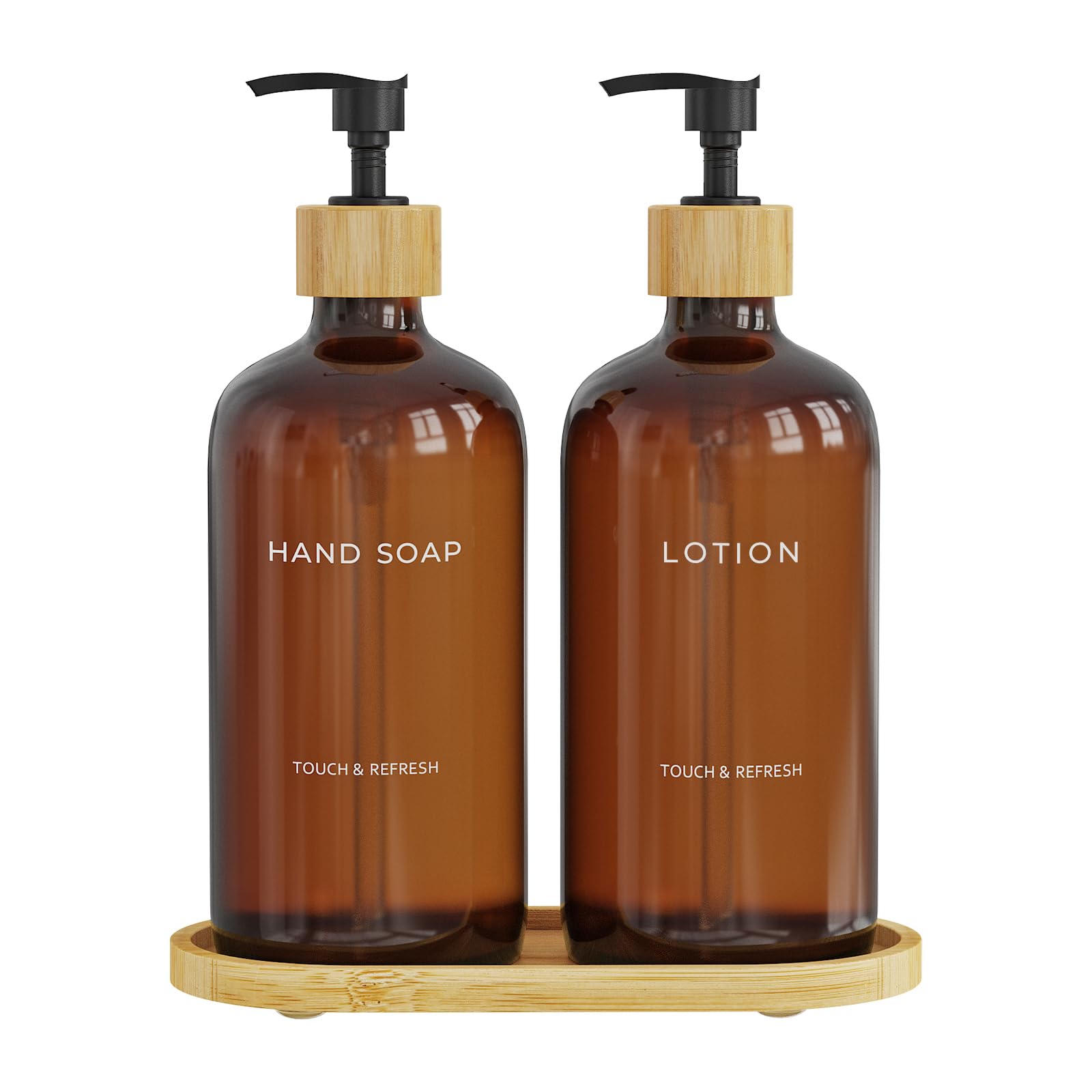 Glass Soap and Lotion Dispenser Set with Tray - Hand Soap Dispenser Bathroom Set - Glass Bottles with Pump - Bamboo Home Accessories & Modern Bathroom Decor for Airbnb (Amber Sl)