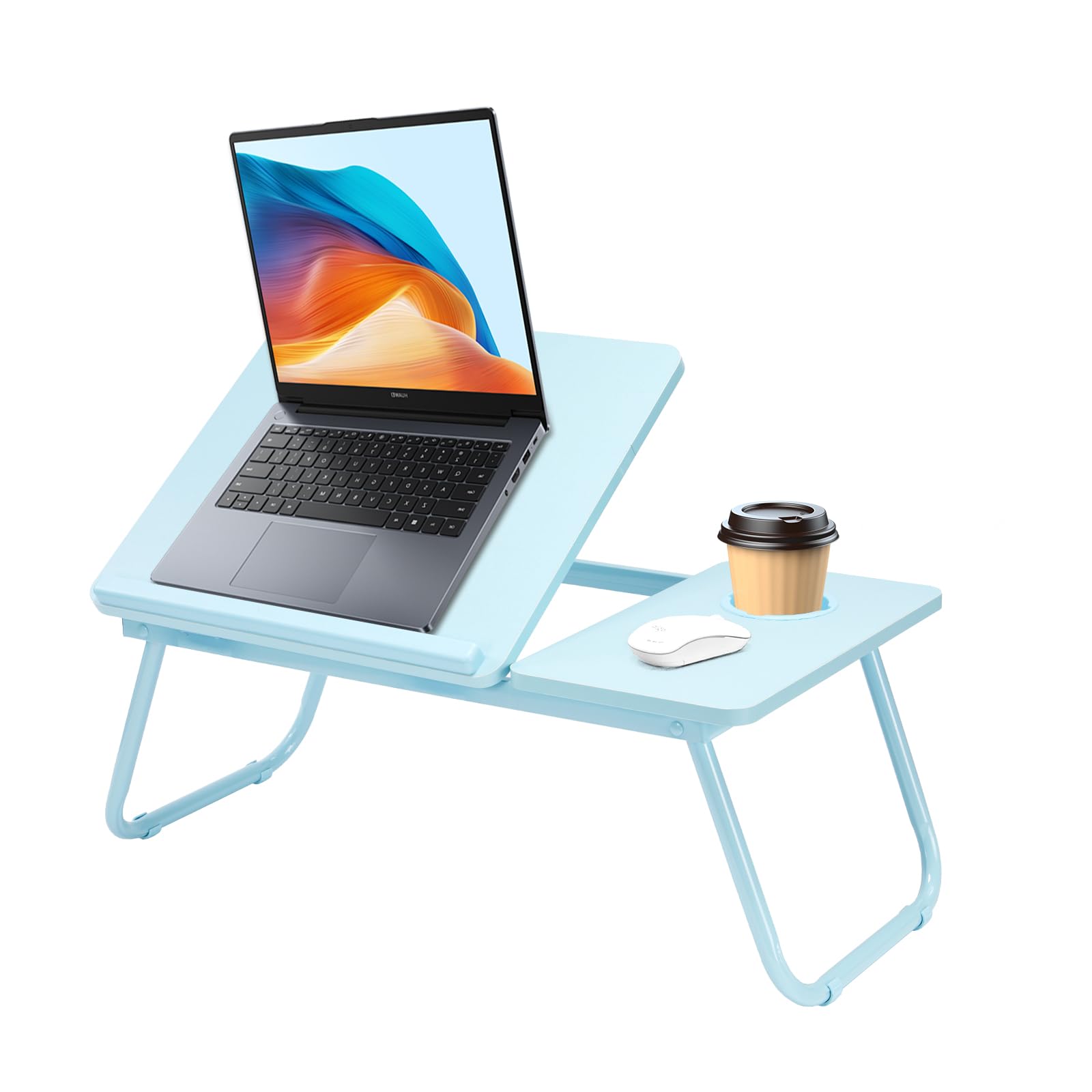 Holdfiturn Foldable Laptop Desk, Laptop Table with Cup Holder, Height Adjustable Computer Bed Tray Table, Reading Holder Notebook Stand for Eating Reading Working (Blue)
