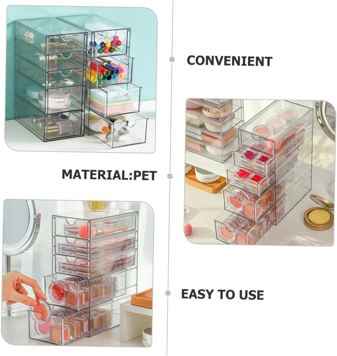 Uonlytech Transparent Makeup Organizer Drawer Stackable Desktop Storage Box for Cosmetics Stationery and Accessories Versatile Holder for Office School and Home Use