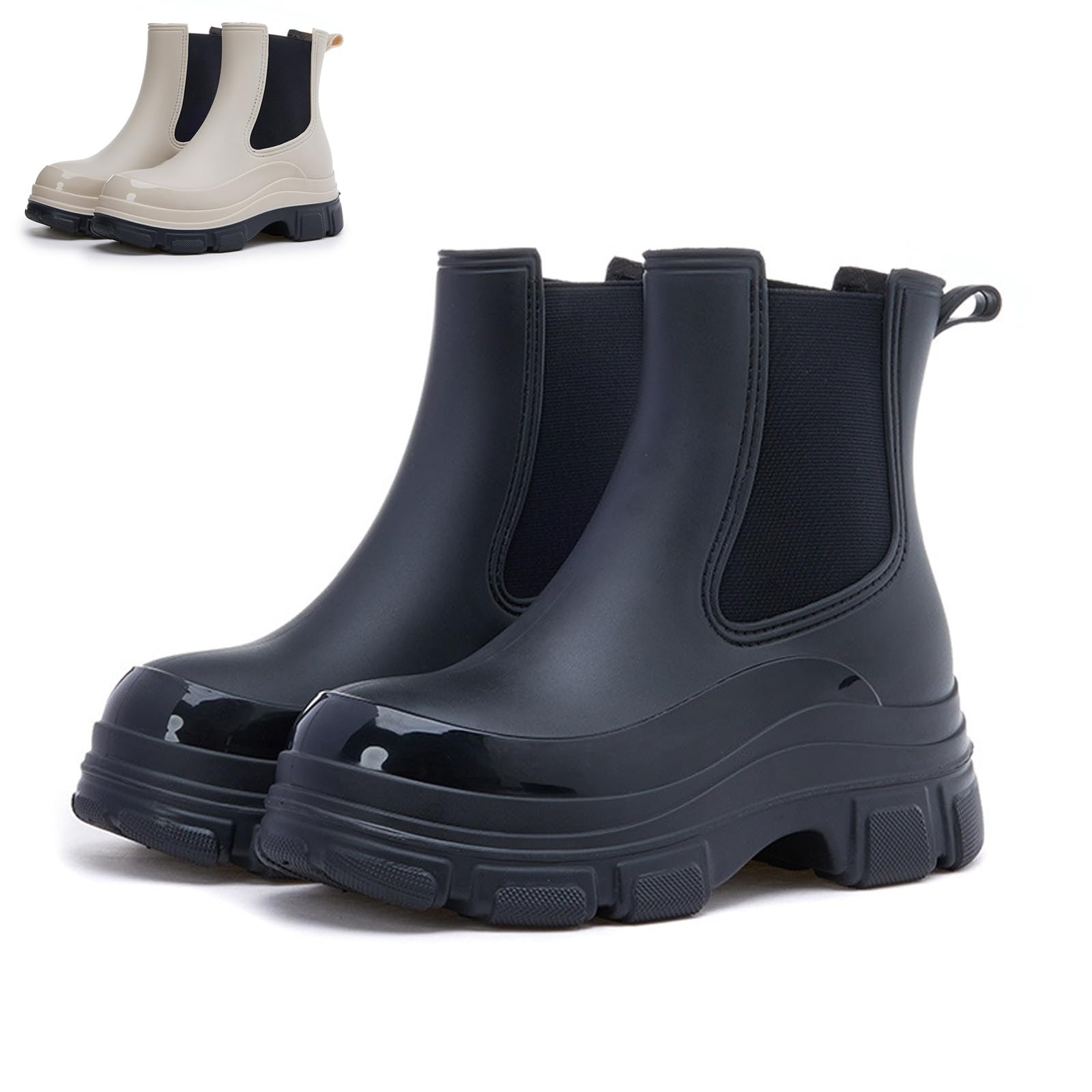 Womens PVC Lightweight Non-Slip Low Chunky Heel Short Rain Boots Fashion Comfortable Round Toe Waterproof Elastic Pull On