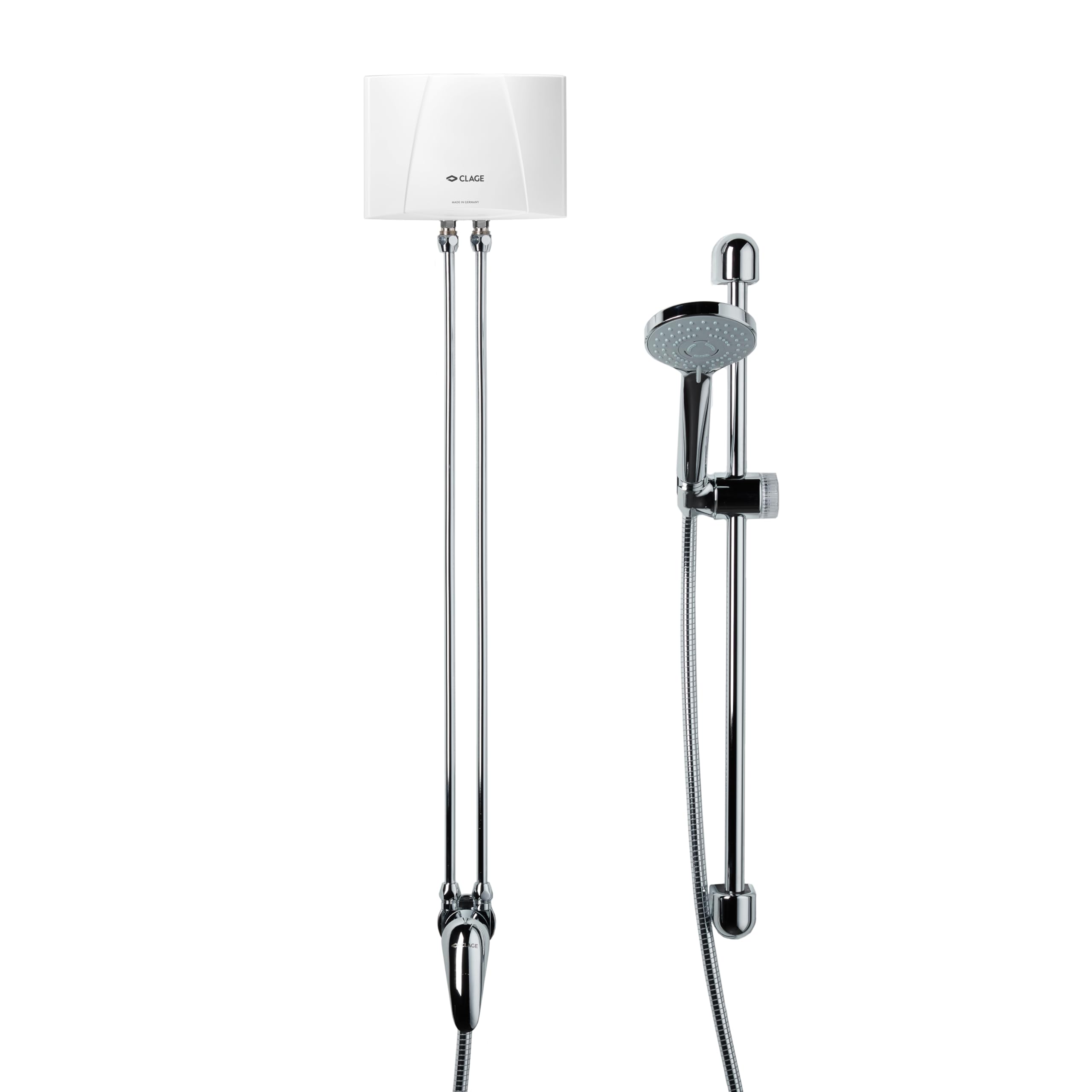 CLAGE MBX4 Shower Durchlauferhitzer Set mit Duscharmatur | Elektronisch geregelt, 3 Temperaturstufen 35/38/45 °C, für Gartenhaus, Pool, Außenbereich, VDE-GS geprüft, 1500-15314