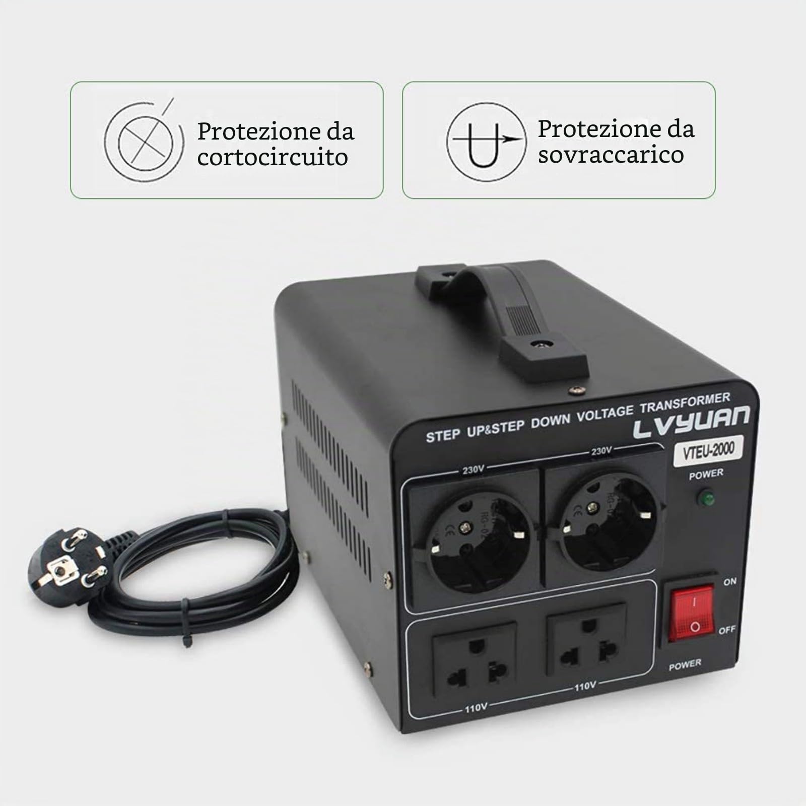 Trasformatore di tensione 2000 VA 110 Volt USA 2000 Watt – In: 110 V o 220 V / Out: 110 V e 220 V – Cantonape 2000 W