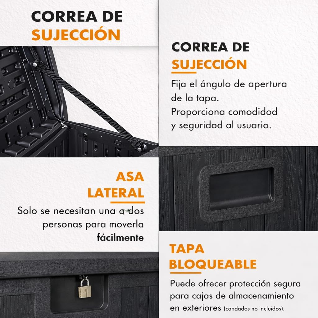 Baúl exterior almacenaje de resina impermeable multiusos 410L | Arcón de jardín resistente a la intemperie | Almacenamiento de cojines, herramientas o juguetes | Cofre organizador con tapa y asas — view 7