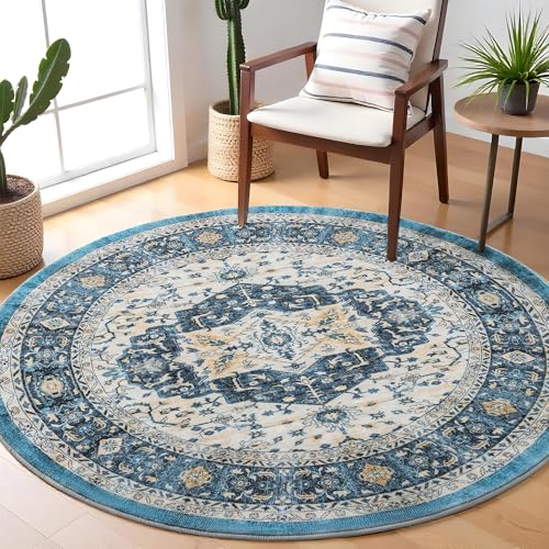 Image of Carvapet 4ft Round Rug Dark Blue Vintage Washable Low Pile Circle Rugs