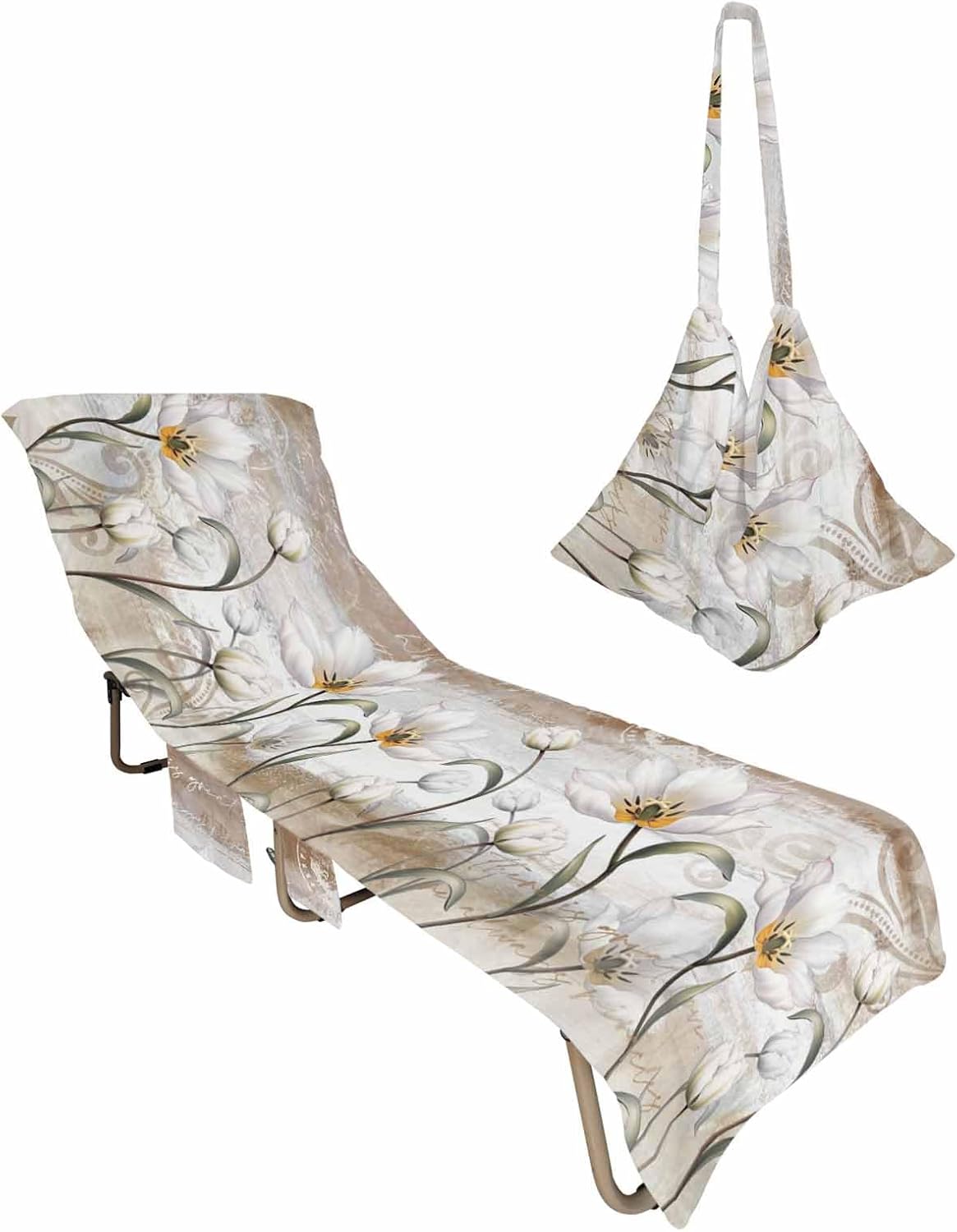 Elegant Teal Tulip Beach Pool Patio Lounge Chaise Chair Cover Towel With Pockets,Absorbent & Quick Dry Microfiber Towel Cover Bag Summer Accessories Brown White Spring Flower Floral Aesthetic Leaves