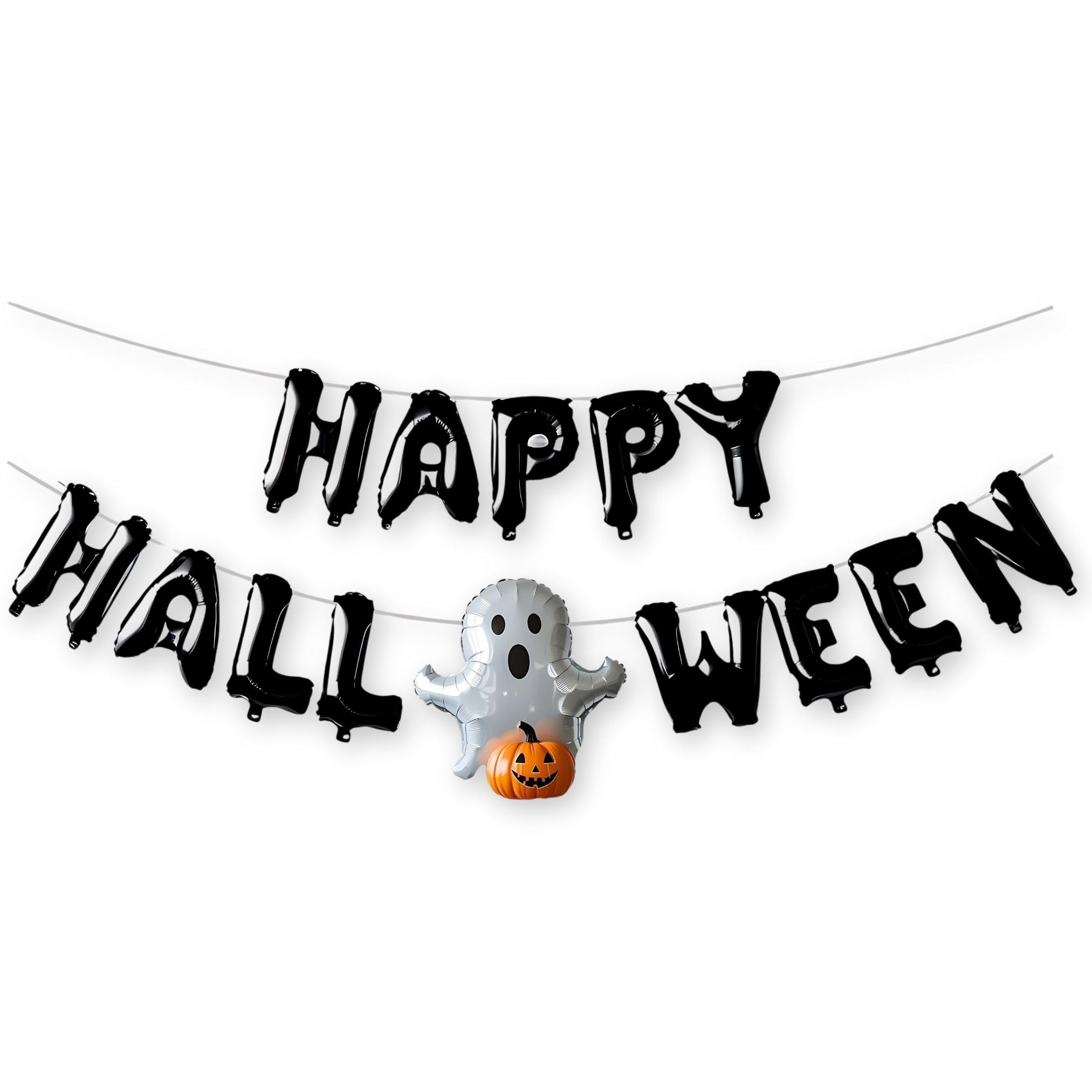 AKH® Happy Halloween Banner Foil Balloons | 16ft | Letter Foil Balloon Garland | Spooky Party Decoration & Trick-or-Treat Banner Super shape | Include Hanging Thread & Inflating Tube | Ghost