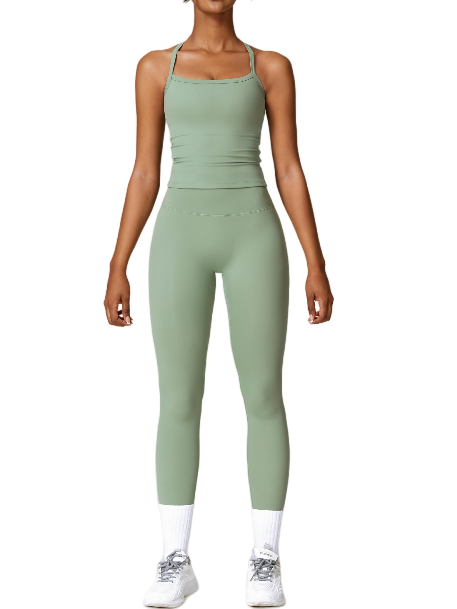 Odizli Set sportivo da donna, senza maniche, con reggiseno + leggings a vita alta, palestra, allenamento, yoga, fitness