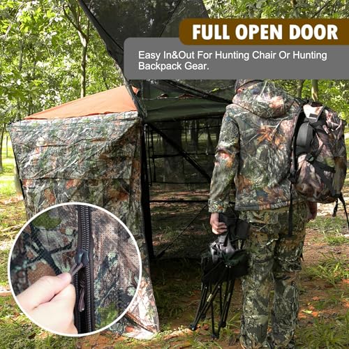 Hunthor Hunting Blind for 2-3 Person, 360 Degree See-Through Ground Blind with Silent Zipper and Orange Top, Portable Pop-Up Tent for Deer and Turkey Hunting with Carry Bag