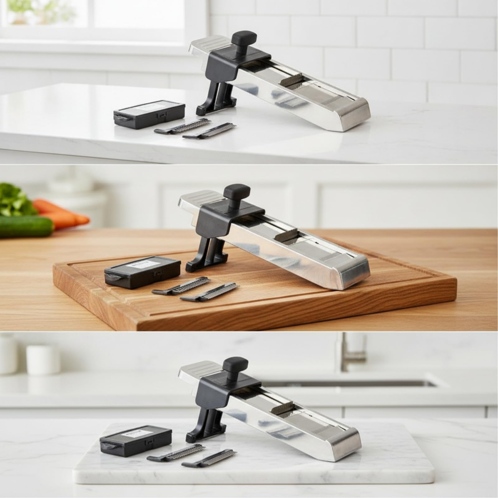 Amagogo Mandolina de Cocina Rebanador Rallador Grosor de 1 Mm a 10 Mm Cuerpo de Acero Inoxidable y Patas Plegables Apta para Patatas y Pepinos