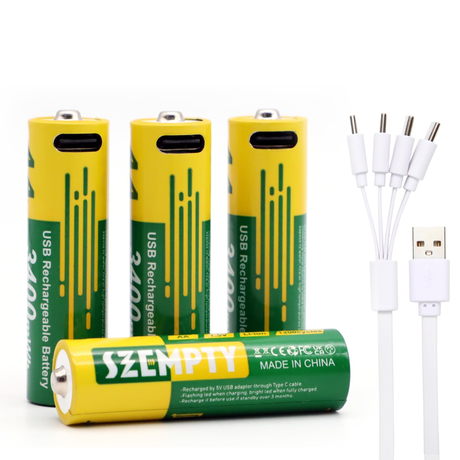 SZEMPTY AA-Akkus 3400mWh – 4er Pack, 1,5V Konstante Spannung, USB-C Ladung, über 1200 Zyklen, Mit Kabel