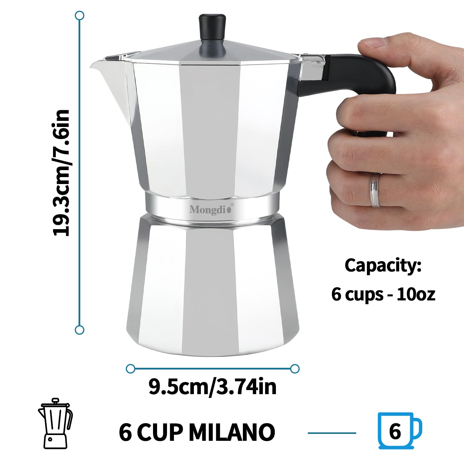 Mongdio Stovetop Espresso Maker Moka Pot, Stove Top Cuban Coffee Maker, Italian Greca Mocha Pot, 6 Espresso Cups, 10 oz - Silver