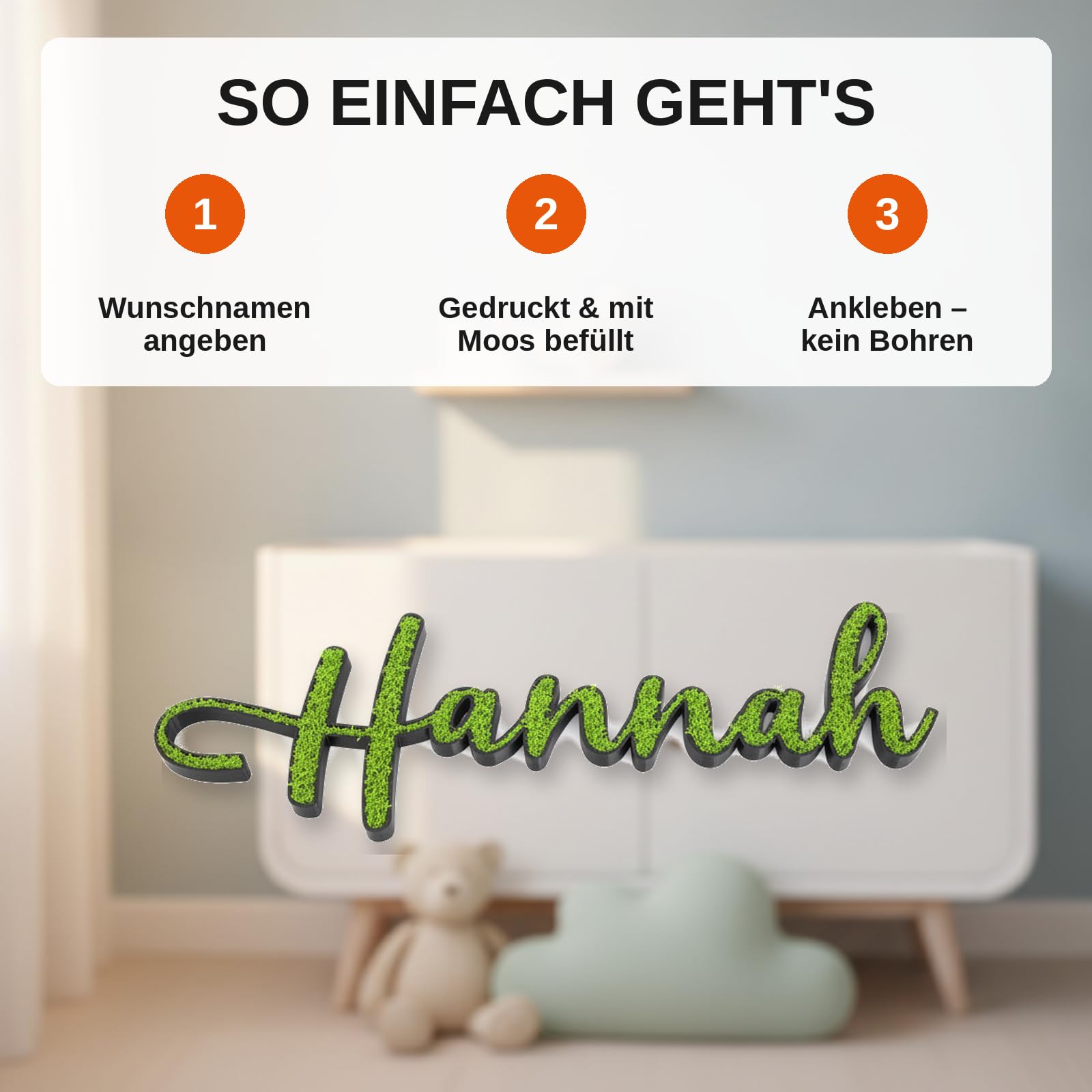 Türschild Kinderzimmer Moos Schriftzug personalisiert mit Wunschname - Namensschild Kinder ca. 24 cm aus 3D-Druck mit Kunstmoos - Wanddeko für Kinderzimmer, Tür und Wohnzimmer - inkl. Klebepads