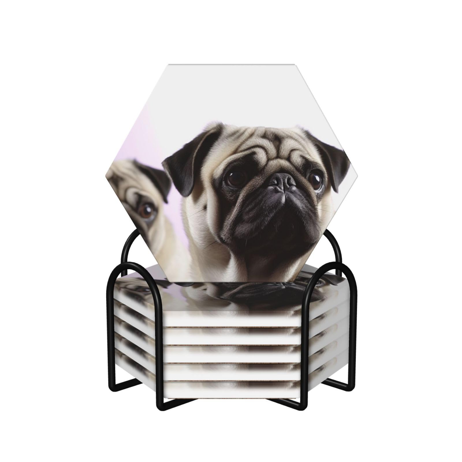 6Pcs Ceramics Coaster for Drinks, Pug Dog Cup Coasters with Holder, Aesthetic Drink Coasters for Coffee Table, Absorbent Round Coaster for Tabletop Protection 4" Cup Mat Pad