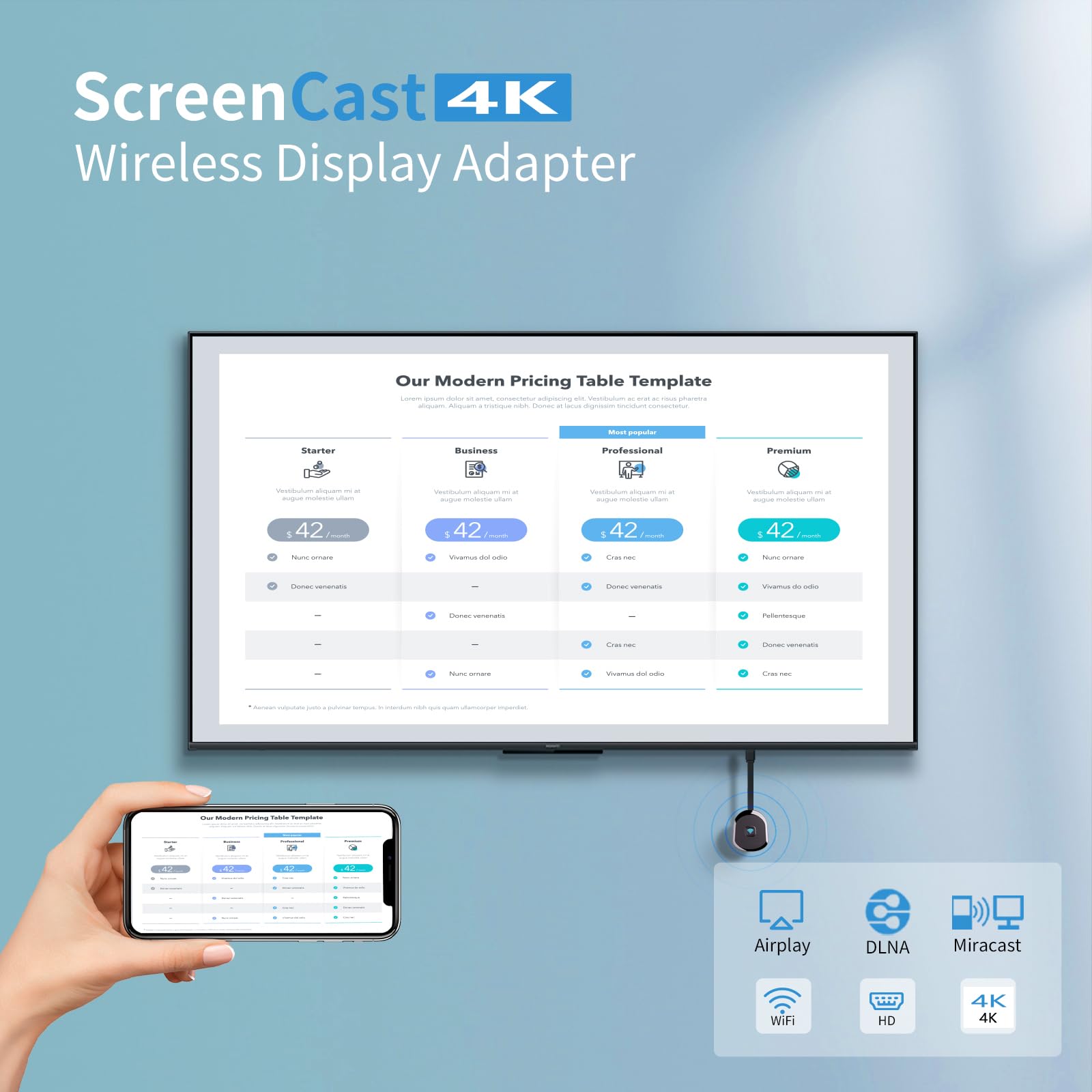 4K Wireless HDMI Display Adapter,TV Adapter for The APP YouTube,for i-Phone, i-Pad, Android, Tablet, Laptop,Windows to HDTV/Monitor/Projector, Compatible Miracast, AirPlay, DLNA