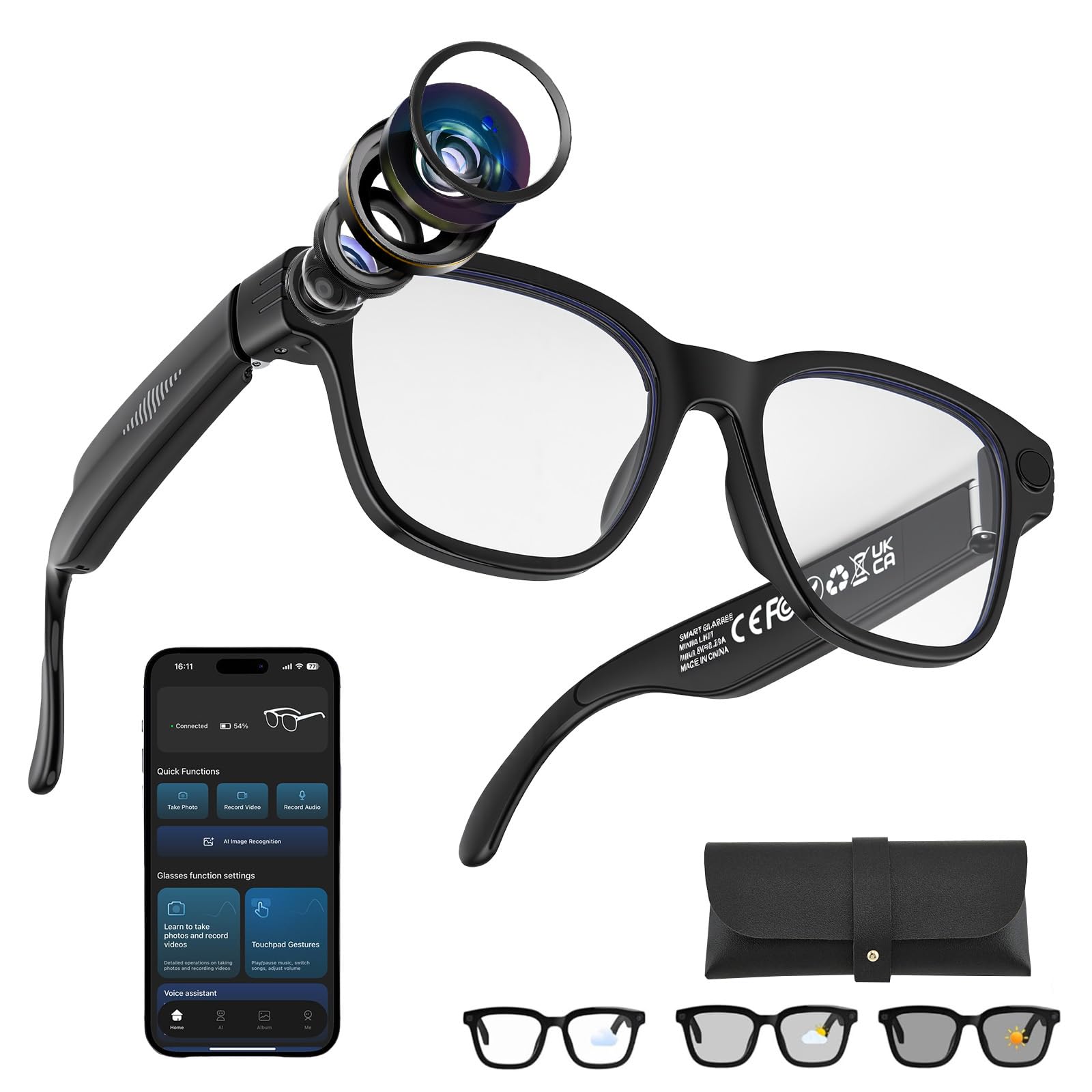 Gafas inteligentes AI con cámara HD de 8MP y video de 1200P – Lentes intercambiables, batería de 270mAh, micrófono dual con reducción de ruido, Bluetooth, WiFi y traducción en vivo – para