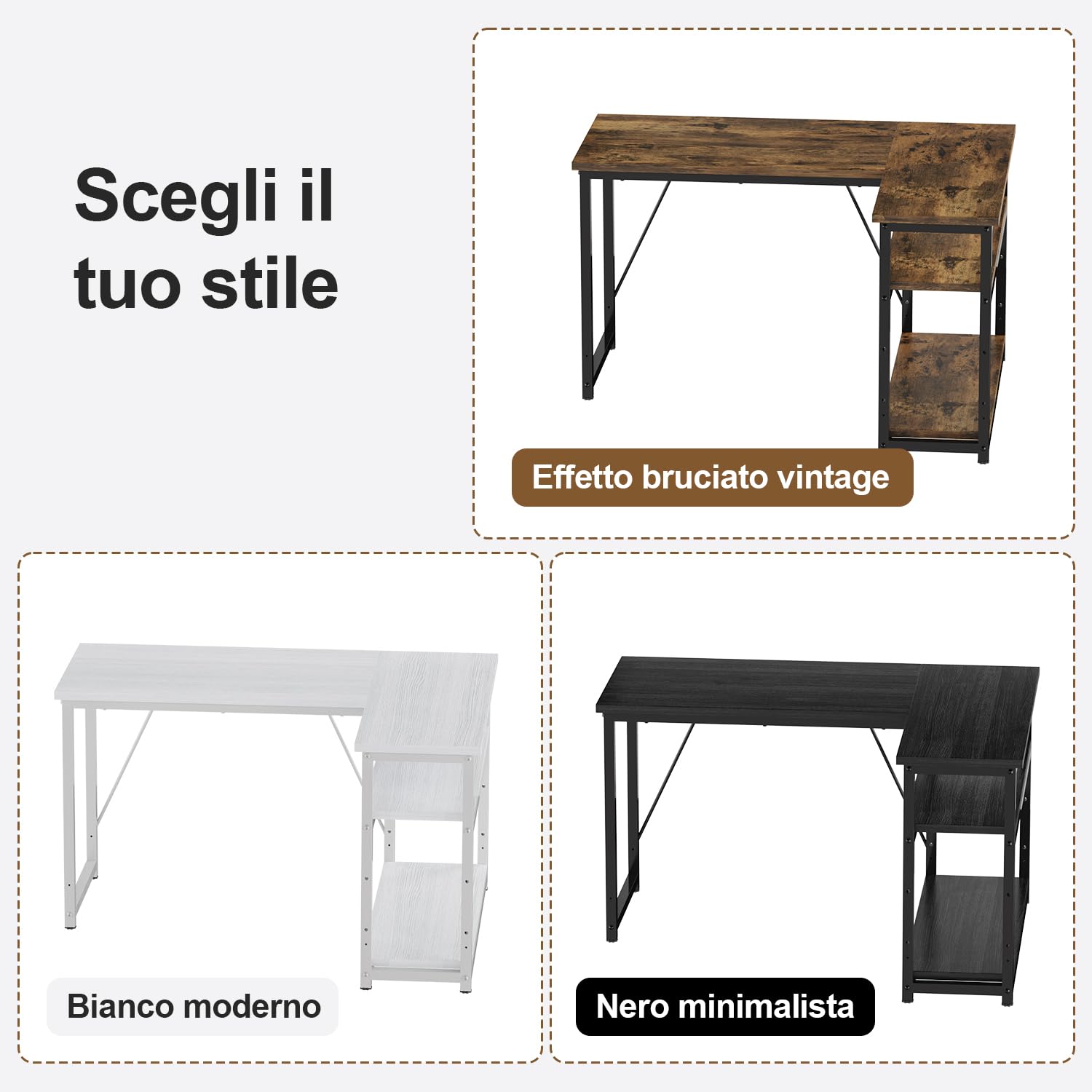 JUMMICO Scrivania Angolare Compatta a Forma L 100 x 80 cm Bianco | con Ripiano Portaoggetti, Tavolo Multiuso per Casa e Ufficio, Finitura Rovere Vintage, Tavola in legno, Telaio in Metallo