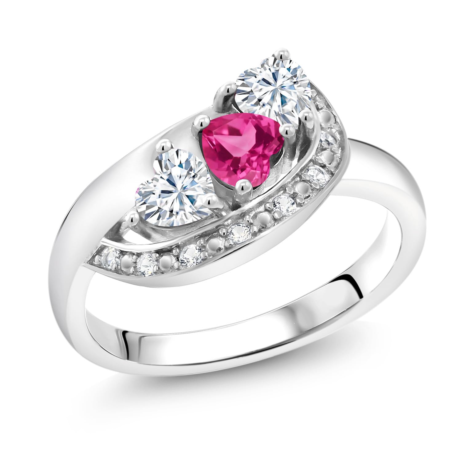 Gem Stone King925 Sterling Silver Pink Created Sapphire and White Moissanite and White Created Sapphire Engagement Ring For Women (1.02 Cttw, September Birthstone, Heart Shape 4MM, Available in Size