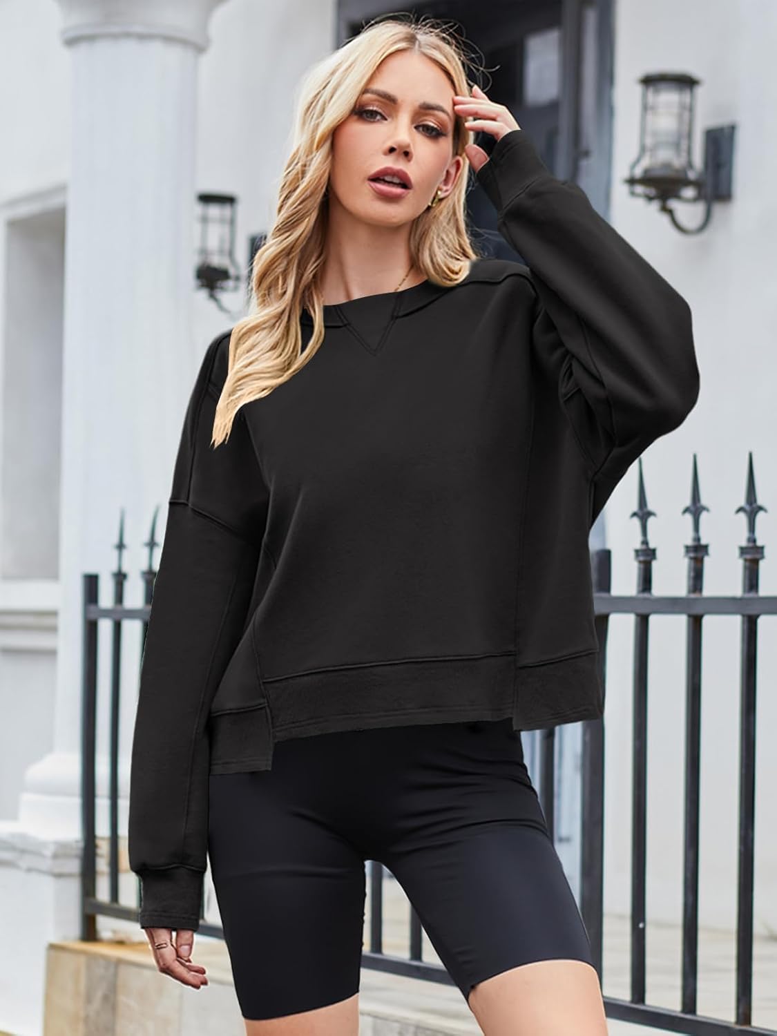 MEROKEETY Women's Oversized Cropped Sweatshirts Crewneck Trendy Workout Pullover Sweater Fall Outfits - Image 6