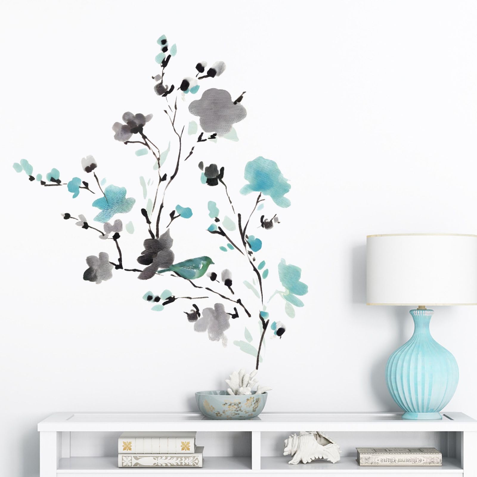 FUFUQUARE Floral Beach Wall Sticker Blue Chinese Ink Flowers Wall Art Decals Peel and Stick Waterproof Decorations for Bedroom Living Room Sofa TV Background Playroom - Image 2