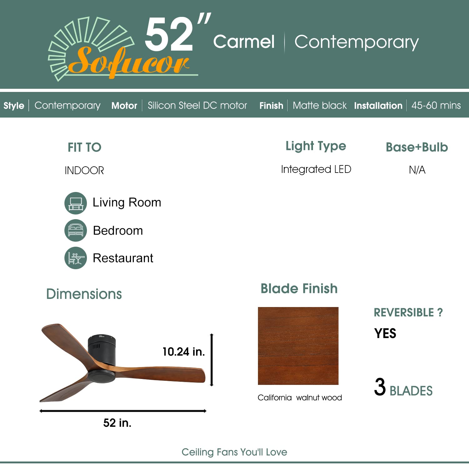 Buy Sofucor 52 Inch Low Profile Ceiling Fan 3 Carved Wood Fan Blade