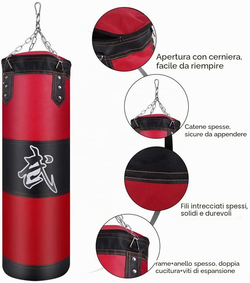 Sacco da Boxe Pesante con Catena in Acciaio, Gancio di Prolunga, Fibbia di Sicurezza, Non Riempito Sacchi di Sabbia da Pugilato da Appendere al Soffitto 100 cm