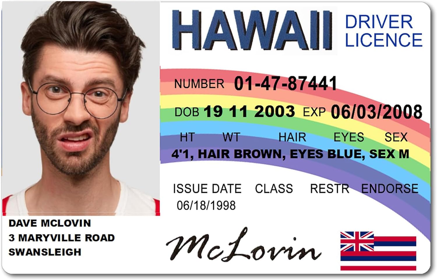 McLovin Dual Sided Novelty Fake Driving Licence and Personalised Photo ID