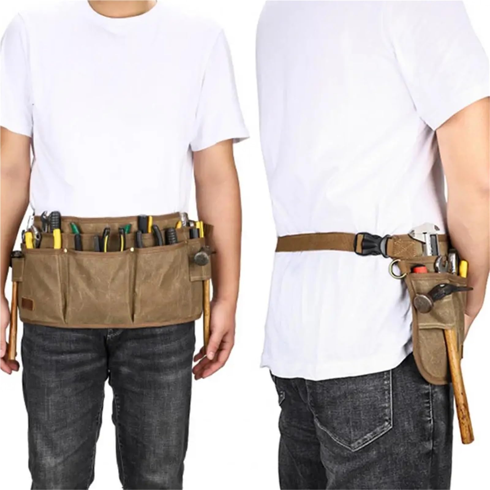 Bolsa de herramientas con múltiples bolsillos, resistente al desgaste, antiarañazos, cinturón bolsillo impermeable for electricista y carpintero Para Carpintero Constructor(Khaki)