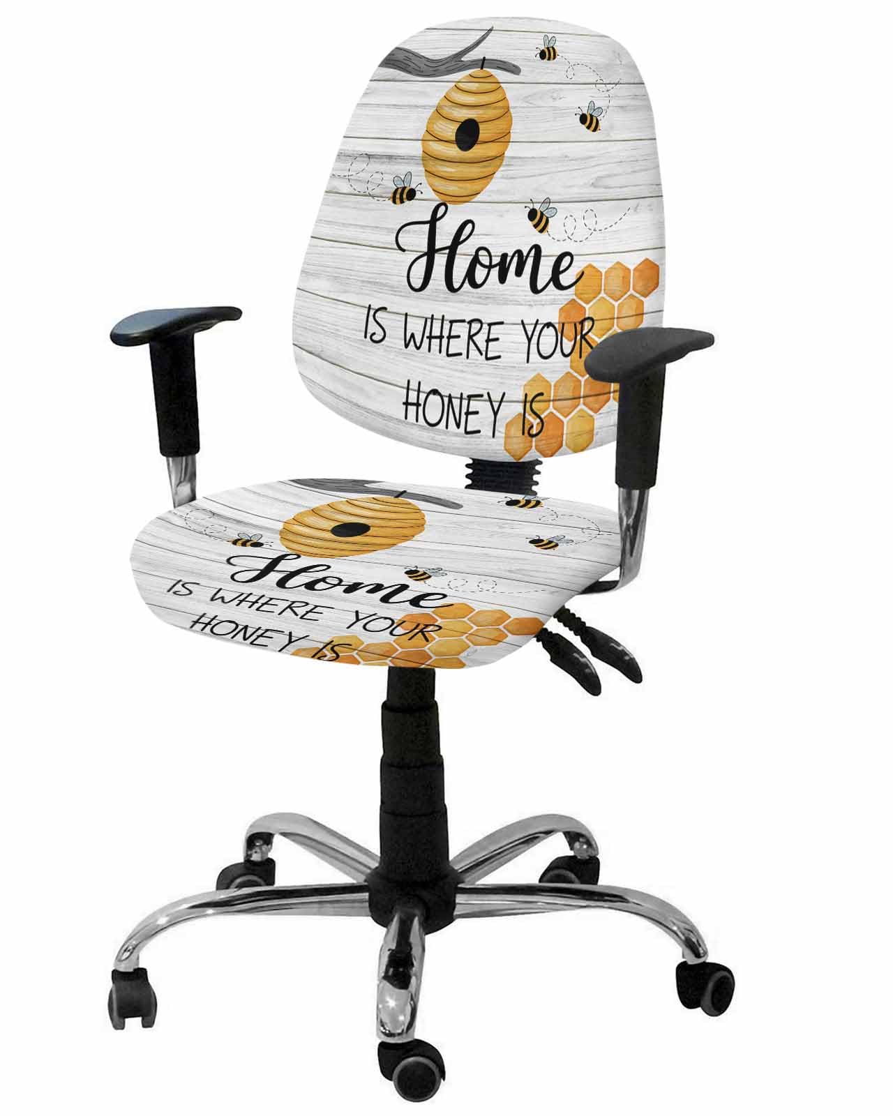 Cartoon Bee 2 Pieces Computer Office Chair Covers Set,Stretchable Desk Rotating Chair Seat Cushion Slipcover Back Covers,Country Vintage Branches Greyish Wooden Grain Slipcover Back Cover Protector