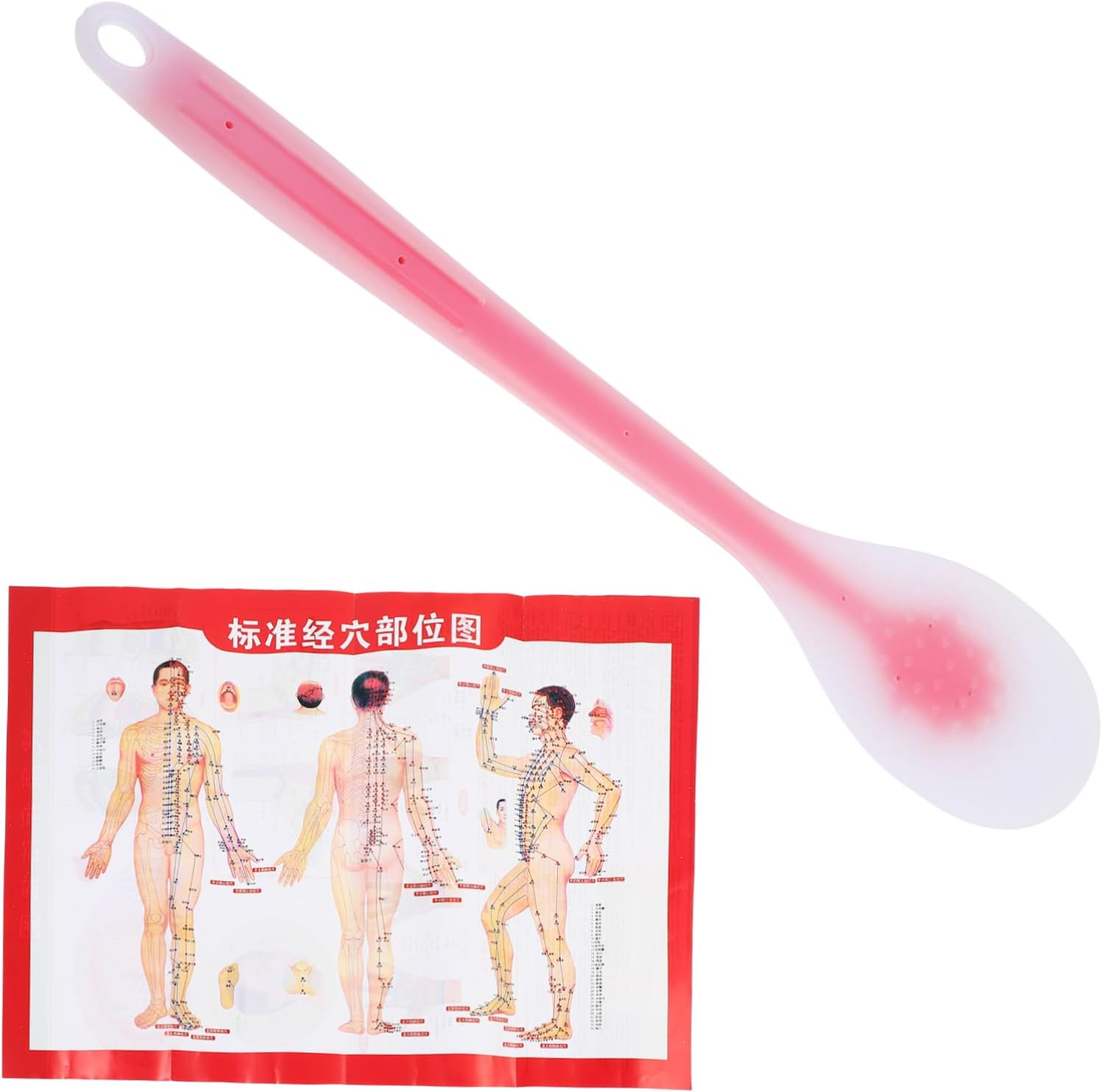 Silicone Health Massage Pat Palm Tapping Tool Red Extended Body Care Stick with Meridian Acupoint Chart for Muscle Relaxation and Relief