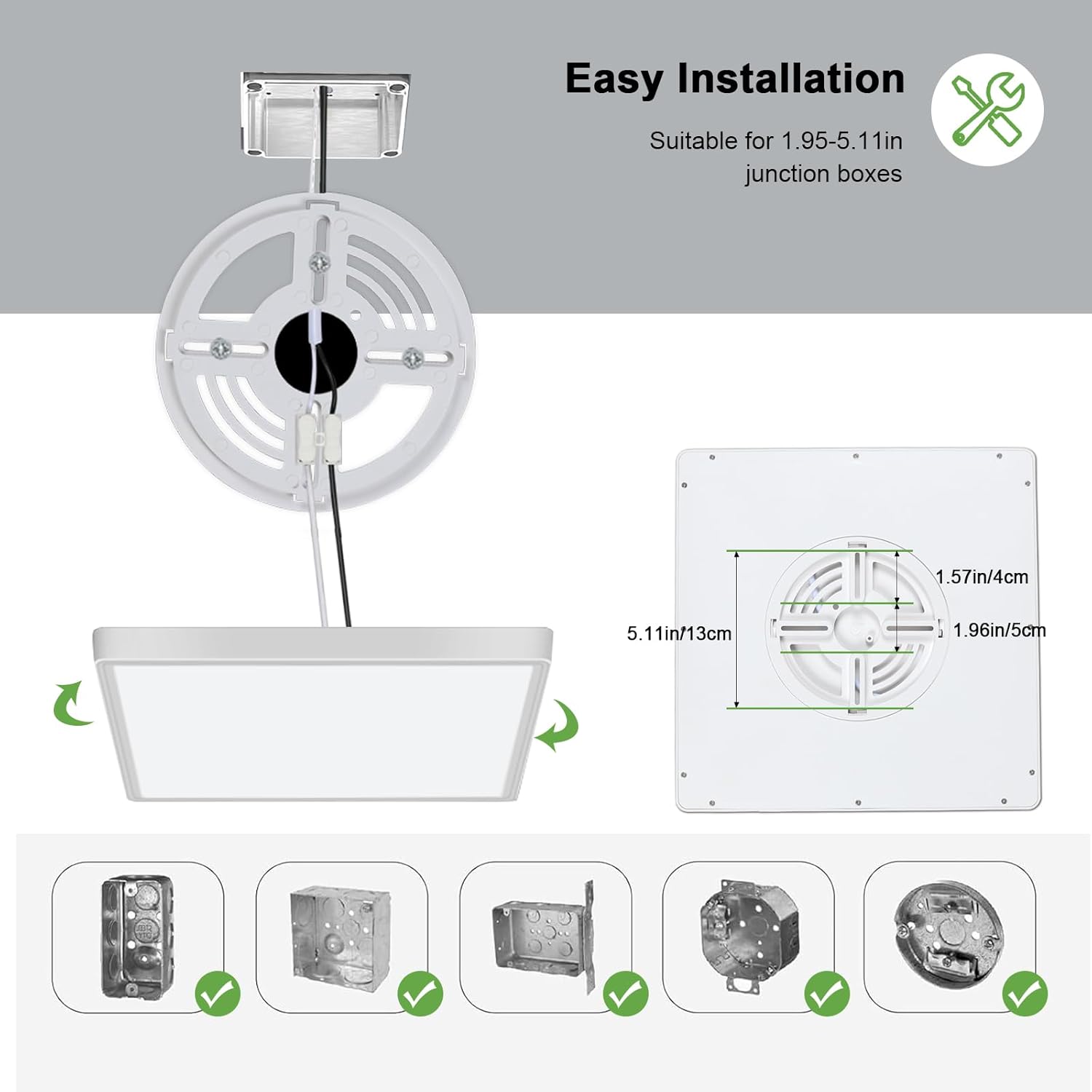 Diagram showing how to fix the base to the ceiling and compatible junction boxes.