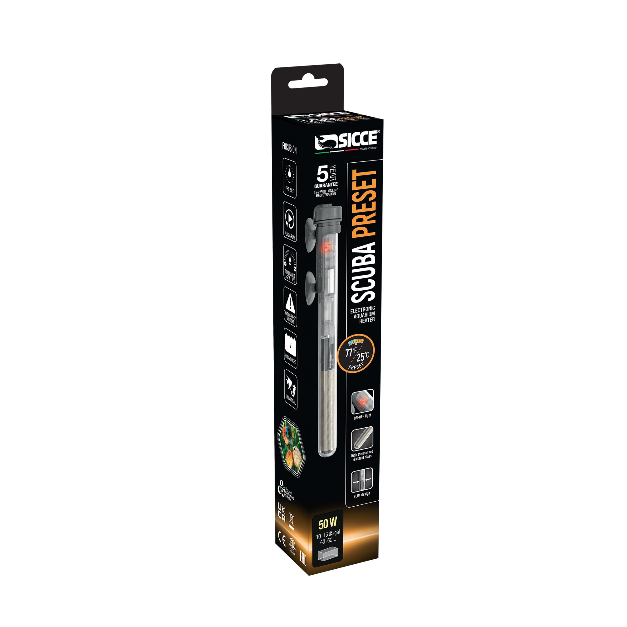 Sicce Scuba - Calentador de acuario de 50 W preestablecido a 25.0 °C para hasta 15 galones, sumergible de 50 W para agua salada marina y agua dulce, protección en seco