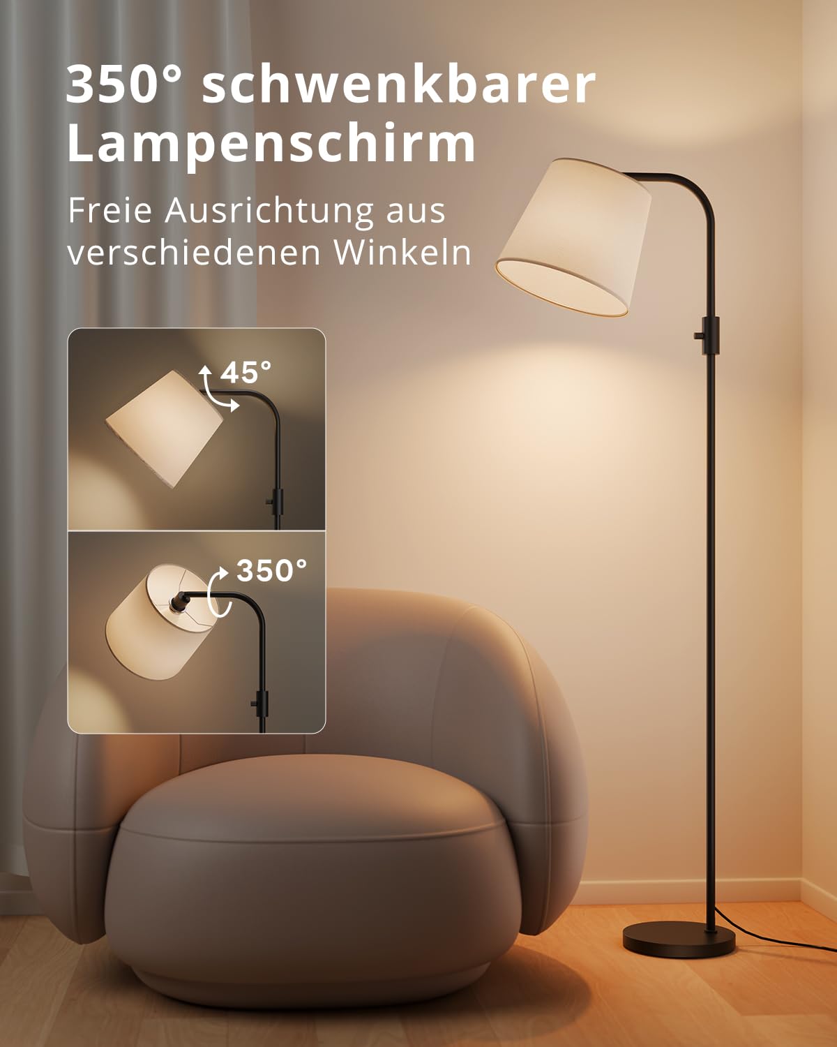 LED Bogen-Stehlampe für Wohnzimmer, 165 cm, mit magnetischer Fernbedienung, RGB-Farbwechsel, stufenlos dimmbar, 1600 K Amber & 4000 K Neutralweiß, 10 W 1200 lm, 350° schwenkbarer Leinenschirm