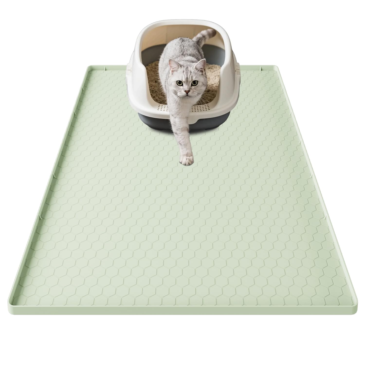 Alfombra Gatos Arenero Silicona, 86x56 cm Alfombrilla Arenero, Tapete Areia Gatos Grande, Impermeable y Antideslizante (Verde Claro)
