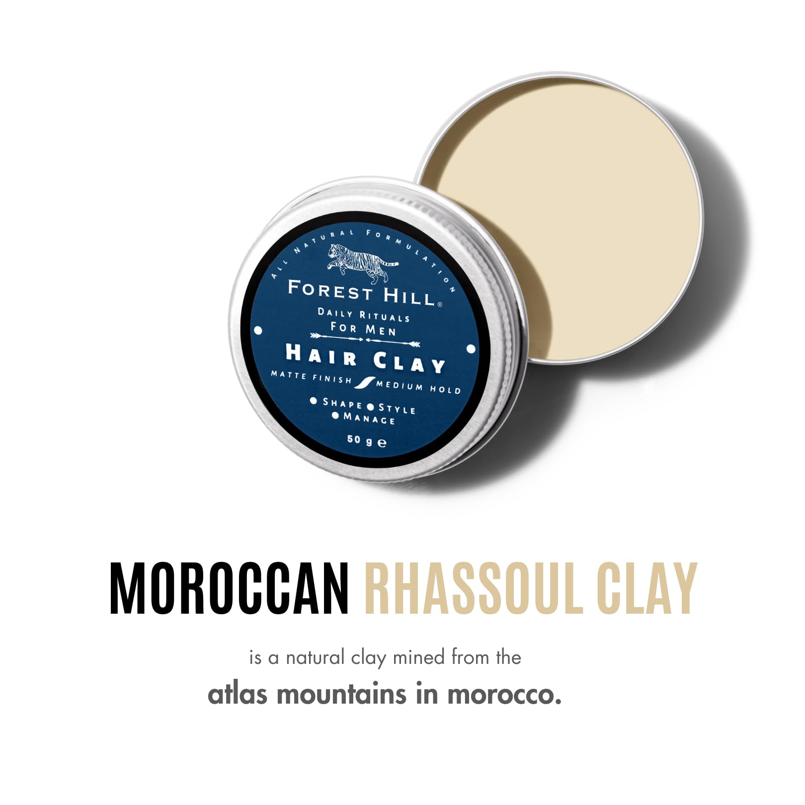 Forest Hill Daily Use Hair Styling Clay For Men, Non Greasy, Lightweight, Natural Look & Medium Hold, Matte Finish, All Natural Formula, Goodness of Shea Butter, Beeswax, Kaolin Clay & Argan Oil, 50g 1