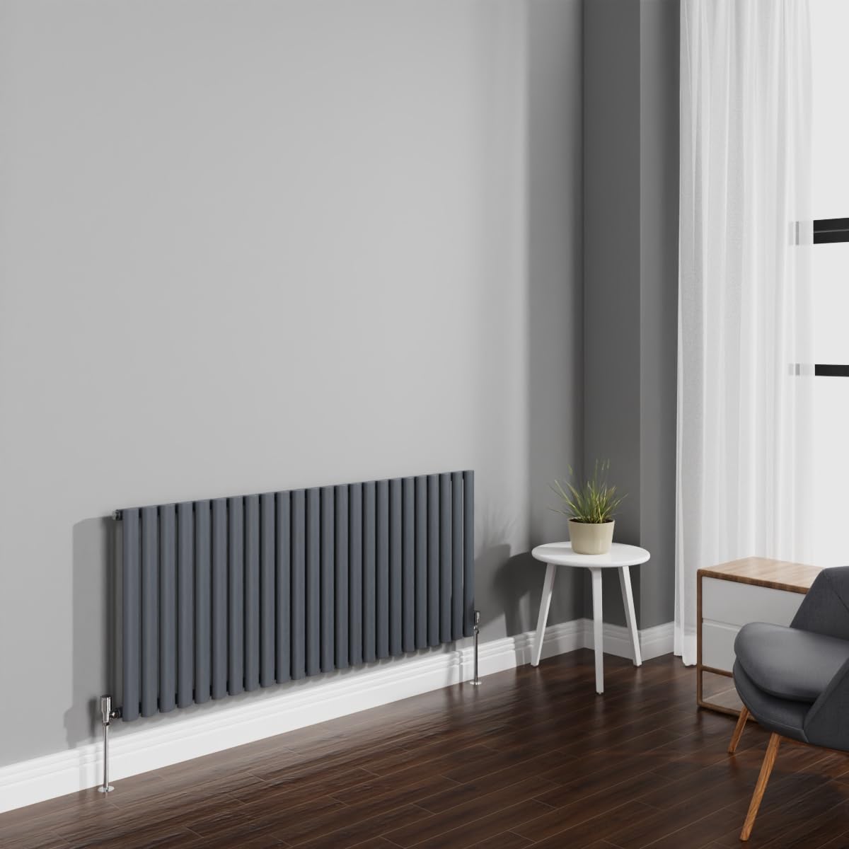 NRG 600x1416mm Anthracite Radiator Horizontal Oval Panel Bathroom Designer Single Rad Central Heating