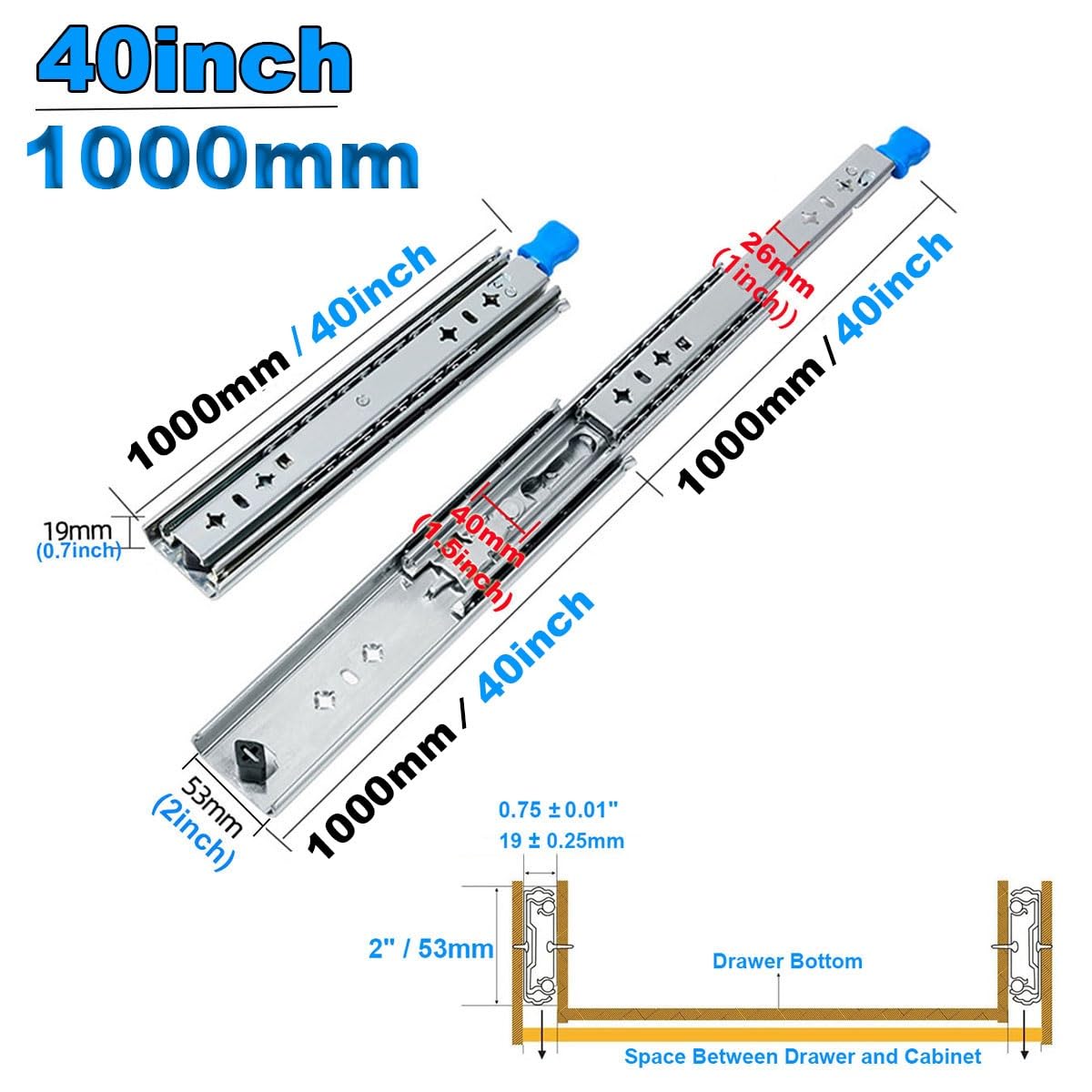 Wytrzymałe prowadnice do szuflad 1 para 250 1500 mm Pełne wysunięcie stalowe prowadnice 100 kg Nośność 100 kg Łożyska kulkowe Montaż boczny Prowadnice do skrzynek narzędziowych z blokadą dla
