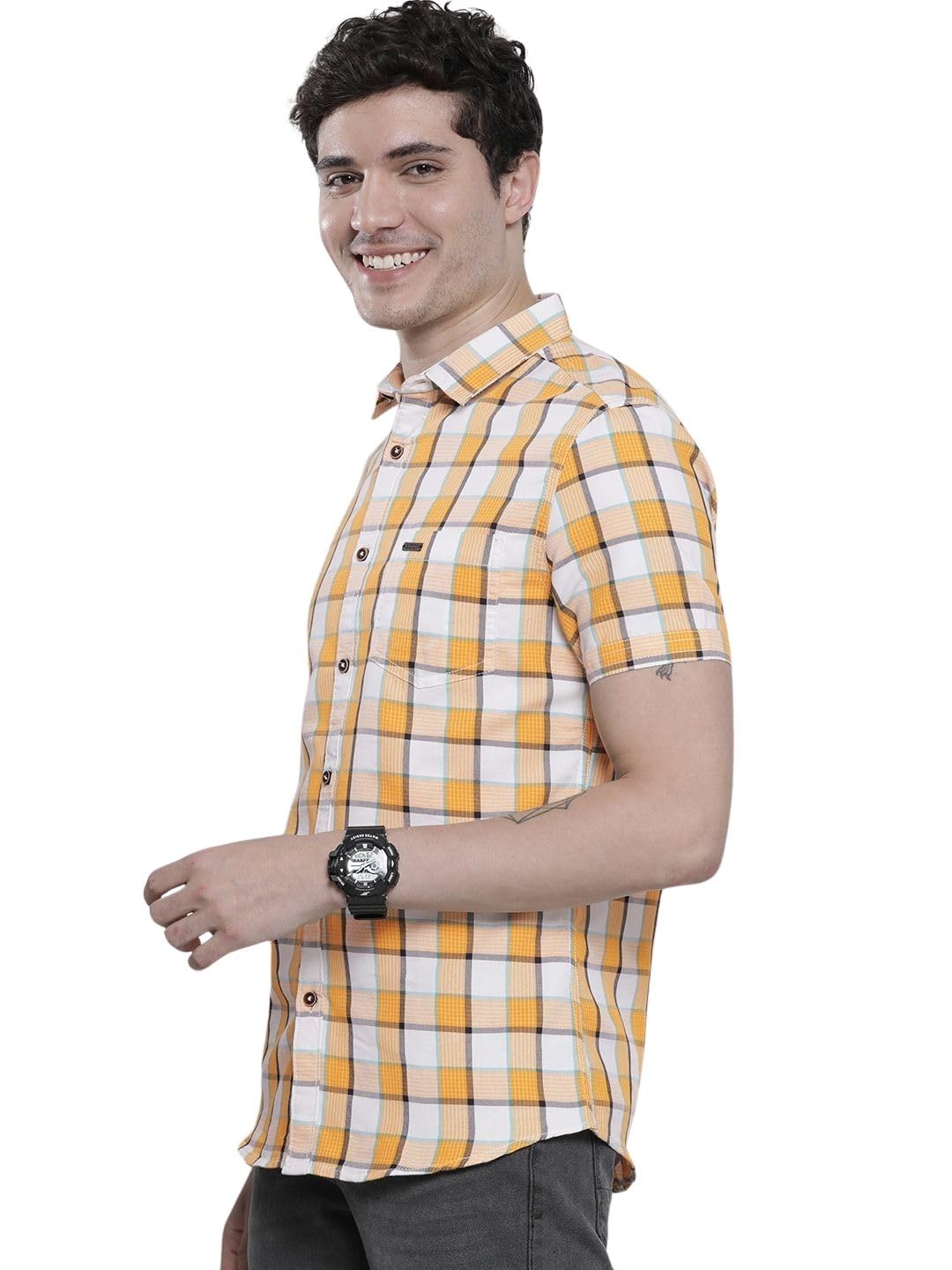 the indian garage co Men Slim Fit Checkered Half Sleeves Cutaway Collar Casual Shirt-picture-27