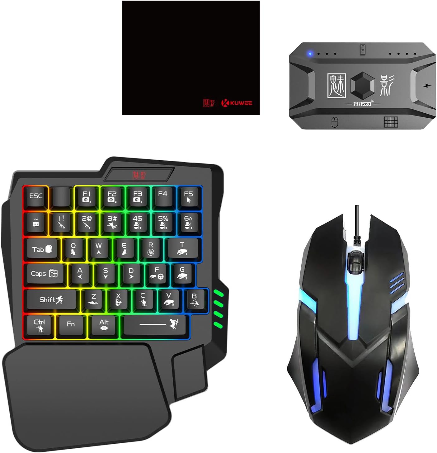 Docooler Half Hand Keyboard and Mouse Combo, 25 Keys Single Handed Wired RGB Keyboard and Gaming Mouse Converter, Support Customize Button, for Android, PC Gaming Player