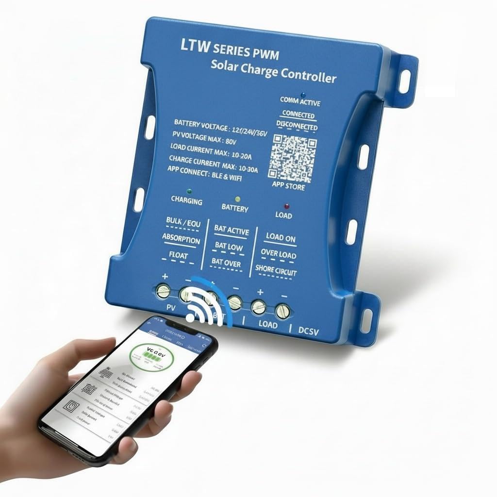 Regolatore solare 20A con WiFi & Bluetooth, PWM 12V/24V/36V per veicoli, ingresso PV 80V, regolazione tramite applicazione per batterie piombo-acido/LiFePO4/litio, ideale per camper/casa/installazione