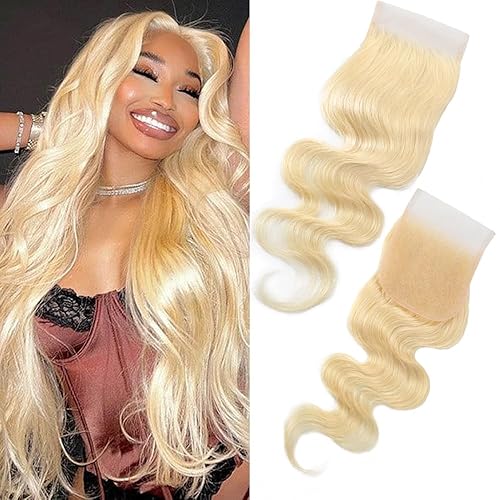 Extensiones de cabello humano 613 HD con cierre de encaje 4x4, ondulado, 100% cabello brasileño, 10A, rubio virgen, cierre de encaje, extensiones de