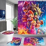 CEPTOR Cartoon Theme Shower Curtain Set Cute Bathroom Accessories Anime Bathroom Decor Game Bathroom Set Include Shower Curtains Bath Mats Toilet Lid Cover with Hook(72in x 72in), 70, Red