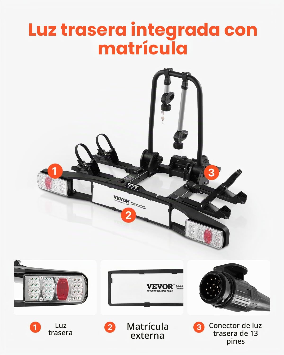 VEVOR Portabicicletas Compatible con Receptores 5 cm, Portabicicletas para 2 Bicicletas con Carga de 65 kg, Plegable y Bloqueable para Bicicletas Eléctricas con Luz Trasera, 69 x 126,5 x 70,7 cm