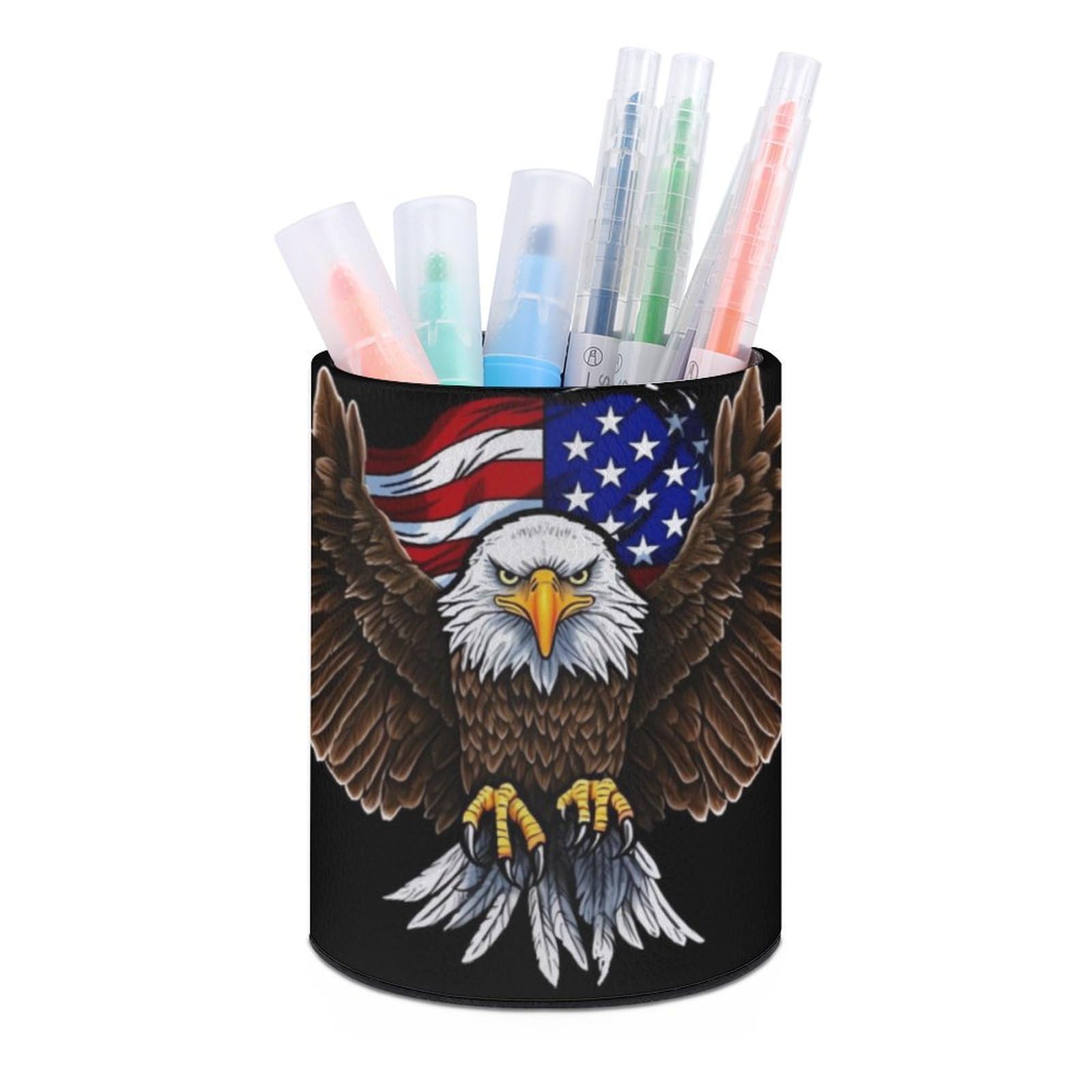 JTREHY Round Pen Holder,USA Flag Patriotic Eagle Printed Makeup Brush Storage Box Desktop Stationery Storage Cup Office Accessories Storage Box Pencil Storage Box for Home Office Dressing Table