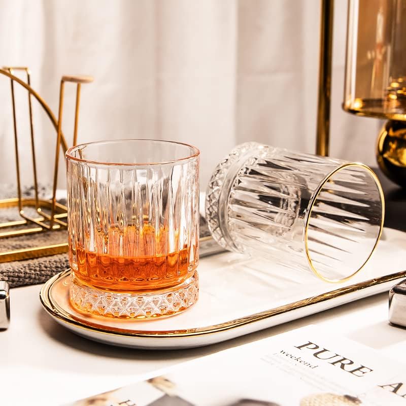 Image of Premium Crystal Whiskey Glass Set of 2, 300 ml Cut Glass Design, Heavy Base Tumbler for Bourbon, Scotch & Cocktails (2, Dark Line)