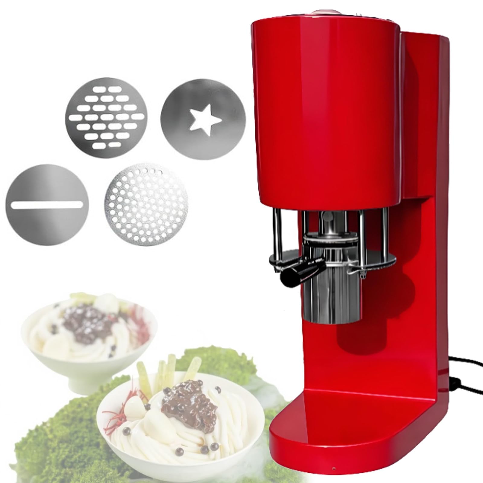 DOZPAL Electric Spaghetti Ice Cream Machine – 80W Spaghetti Ice Cream Press with 4 Molds, Stainless Steel Ice Cream Noodle Extruder for Restaurants, Bars and Dessert Shops Red