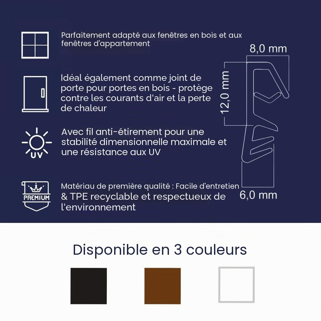 Joint de fenêtre contre les courants d'air poussière, économise des coûts de chauffage, joints d'étanchéité de 5 mm, largeur de rainure de 12 mm marron 25m