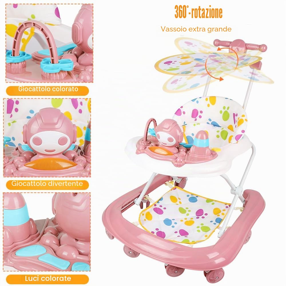 Girello per bambini con vassoio per attività musicali rimovibile, girello per bambini facilmente pieghevole, altezza regolabile, a partire da 6 mesi, 62 x 68 x 36-81 cm (rosa)