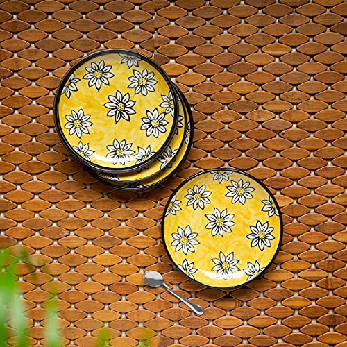 Image of ExclusiveLane 'Californian Sunflowers' Handpainted Small Ceramic Plates Set Ceramic Quarter Plates Side Plates for Snacks Plates (Set of 4, 7 Inches, Dishwasher & Microwave Safe)